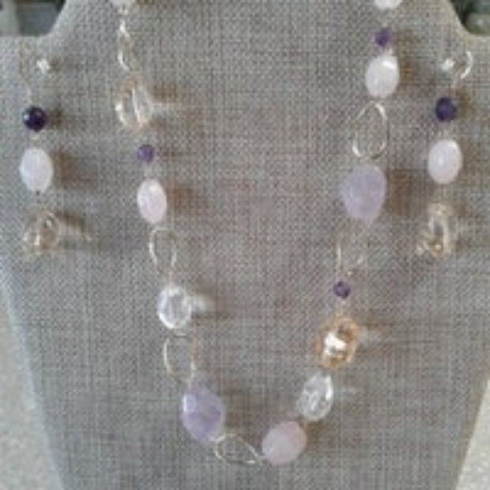 Citrine, Amethyst, and Quartz 18in. Necklace w/Earrings 14K over SS